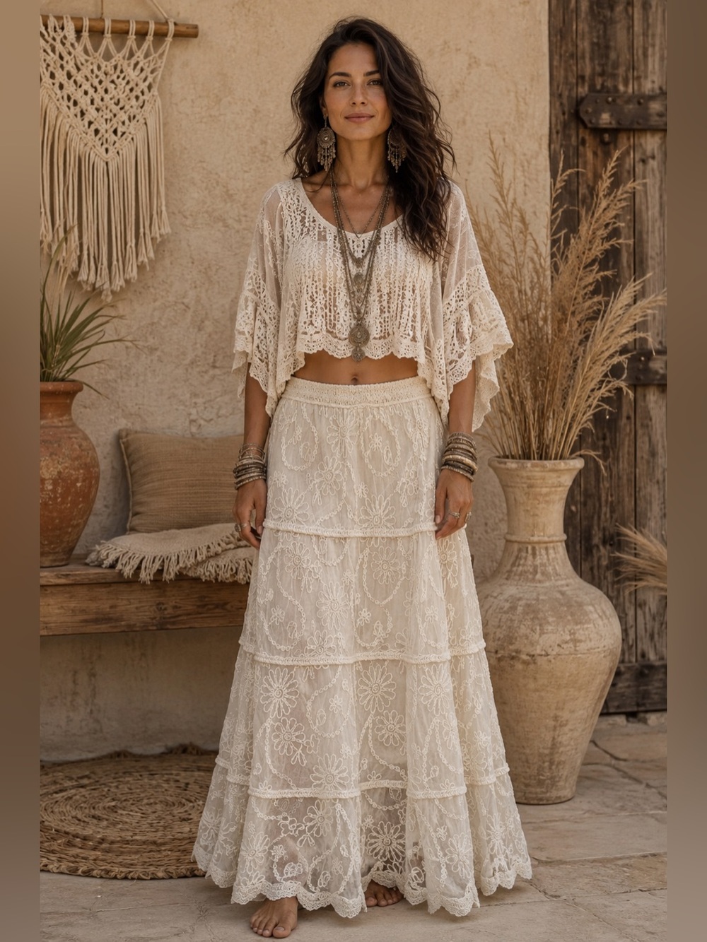 H264 New Pol OS w13-20 Bohemian Lace Tiered Maxi Skirt - Cream